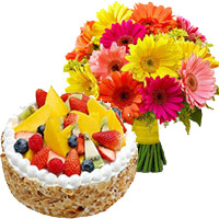 Rakhi gifts Mix Gerbera, Fruit, cake with Rakhi