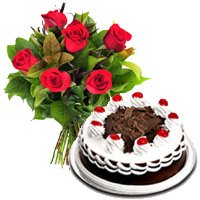 Send 6 Red Roses with 1/2 Kg Black Forest Cakes to Delhi. Rakhi Gifts to Delhi