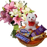 Rakhi with Pink White Lily with 6 Inches Teddy and Chocolate Gifts