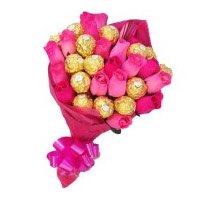 Online Rakhi with Pink Roses 10 Flowers 16 Pcs Ferrero Rocher Bouquet