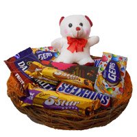 Rakhi with Gifts Basket of Exotic Chocolates and 6 Inch Teddy