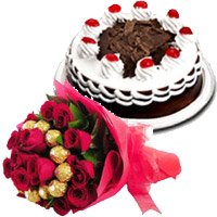 Rakhi with Ferrero Rocher with 30 Red Roses Bouquet and 1/2 Kg Black Forest Cake in India