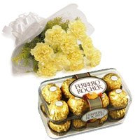 Send Yellow Carnation of Ferrero Rocher Chocolate Gift Hamper to India