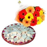 Send Rakhi gift hamper Gerbera Flowers and Kaju Barfi with Rakhi