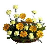Buy Online Yellow Gerbera White Carnation Basket 20 Flowers with Rakhi in India