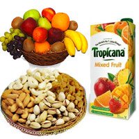 Rakhi with Fresh Fruits Basket Mix Dry Fruits and Fruit Juice