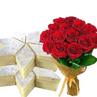 Raksha Bandhan Gifts Rose, Kaju Barfi Sweets with Rakhi to India