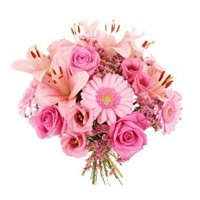 Send Pink Lily, Gerbera, Roses Bouquet to India with Rakhi