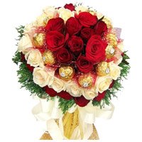 Rakhi with Chocolate Gifts to India and 36 Red White Roses with 16 Pcs Ferrero Rocher Bouquet