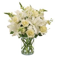 Send Rakhi with White Lily Roses Bouquet Delivery to India on Rakhi